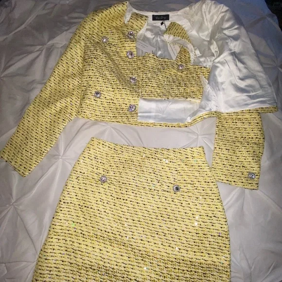 Yellow Tweed Crop Top Jacket + Skirt Set - Picture 7 of 8